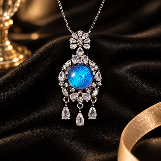 Blue Morpho butterfly wing halo necklace with silver setting and three teardrop accents, view 1