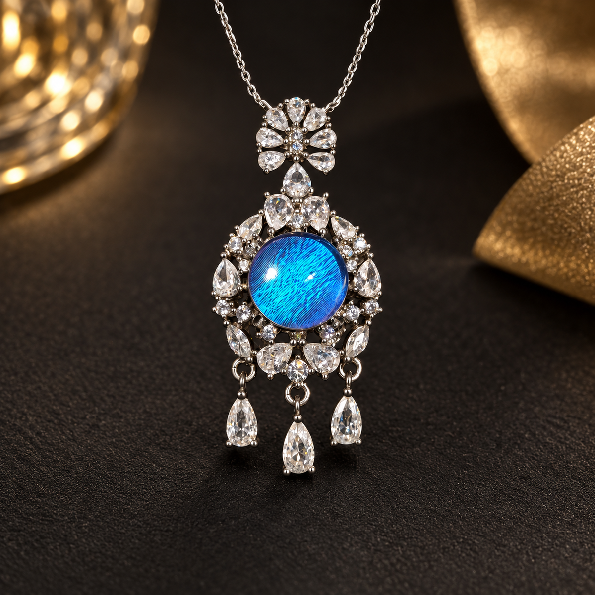 Blue Morpho butterfly wing halo necklace with silver setting and three teardrop accents, view 2