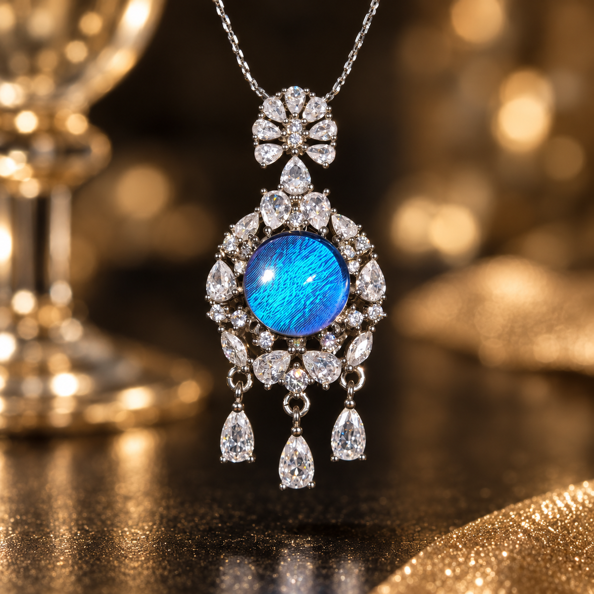 Blue Morpho butterfly wing halo necklace with silver setting and three teardrop accents, view 3