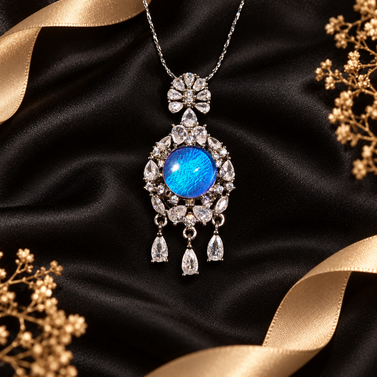 Blue Morpho butterfly wing halo necklace with silver setting and three teardrop accents, view 4