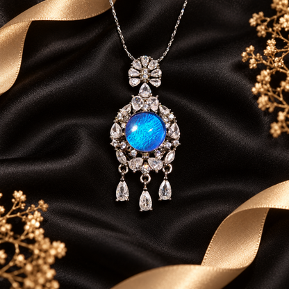 Blue Morpho butterfly wing halo necklace with silver setting and three teardrop accents, view 4