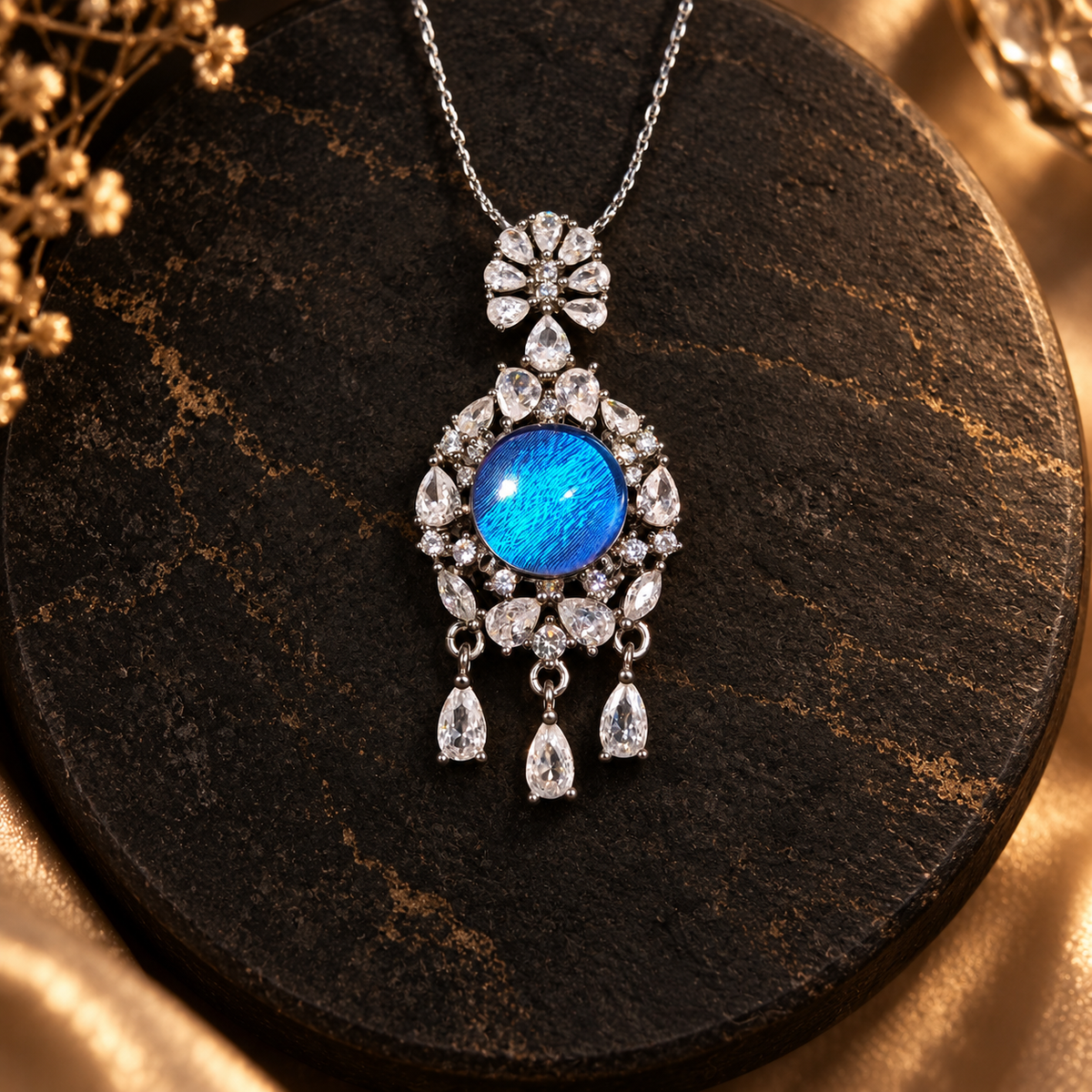 Blue Morpho butterfly wing halo necklace with silver setting and three teardrop accents, view 5