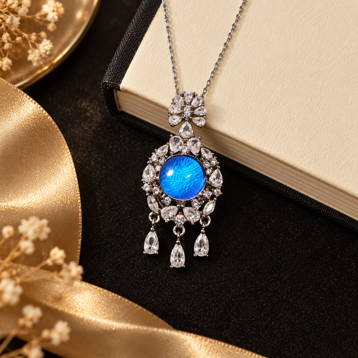 Blue Morpho butterfly wing halo necklace with silver setting and three teardrop accents, view 6