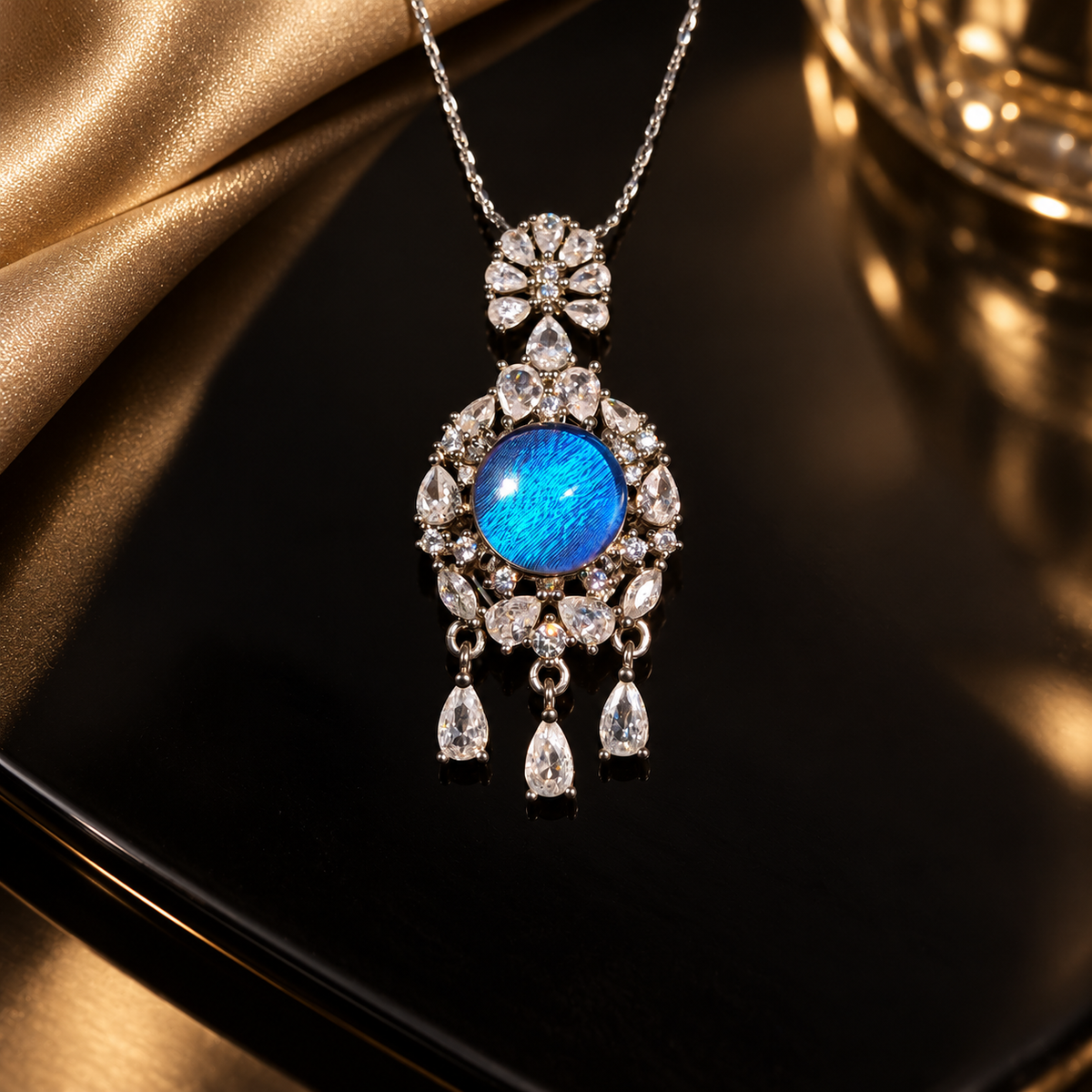 Blue Morpho butterfly wing halo necklace with silver setting and three teardrop accents, view 7