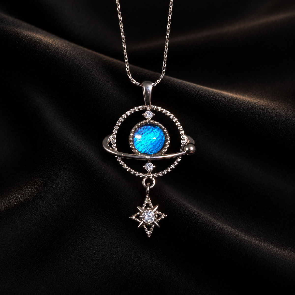 Morpho butterfly wing star orbit necklace in 925 silver — front view