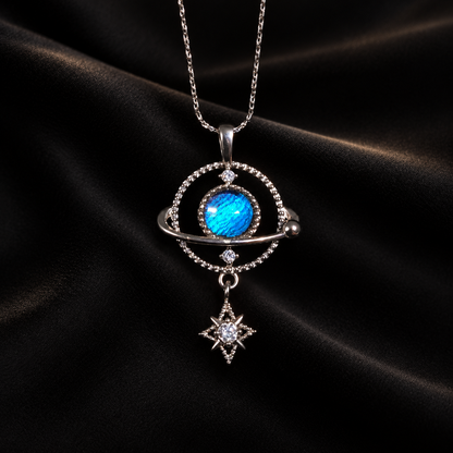 Morpho butterfly wing star orbit necklace in 925 silver — front view