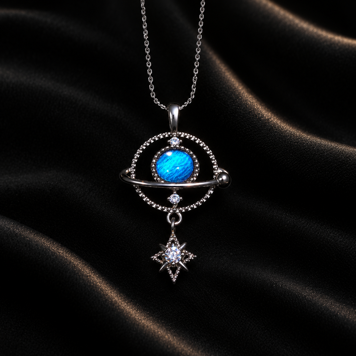 Morpho butterfly wing star orbit necklace in 925 silver — setting detail