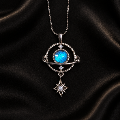Morpho butterfly wing star orbit necklace in 925 silver — styled display 1