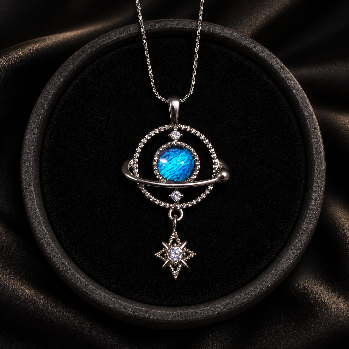 Morpho butterfly wing star orbit necklace in 925 silver — styled display 2