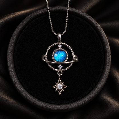 Morpho butterfly wing star orbit necklace in 925 silver — styled display 2