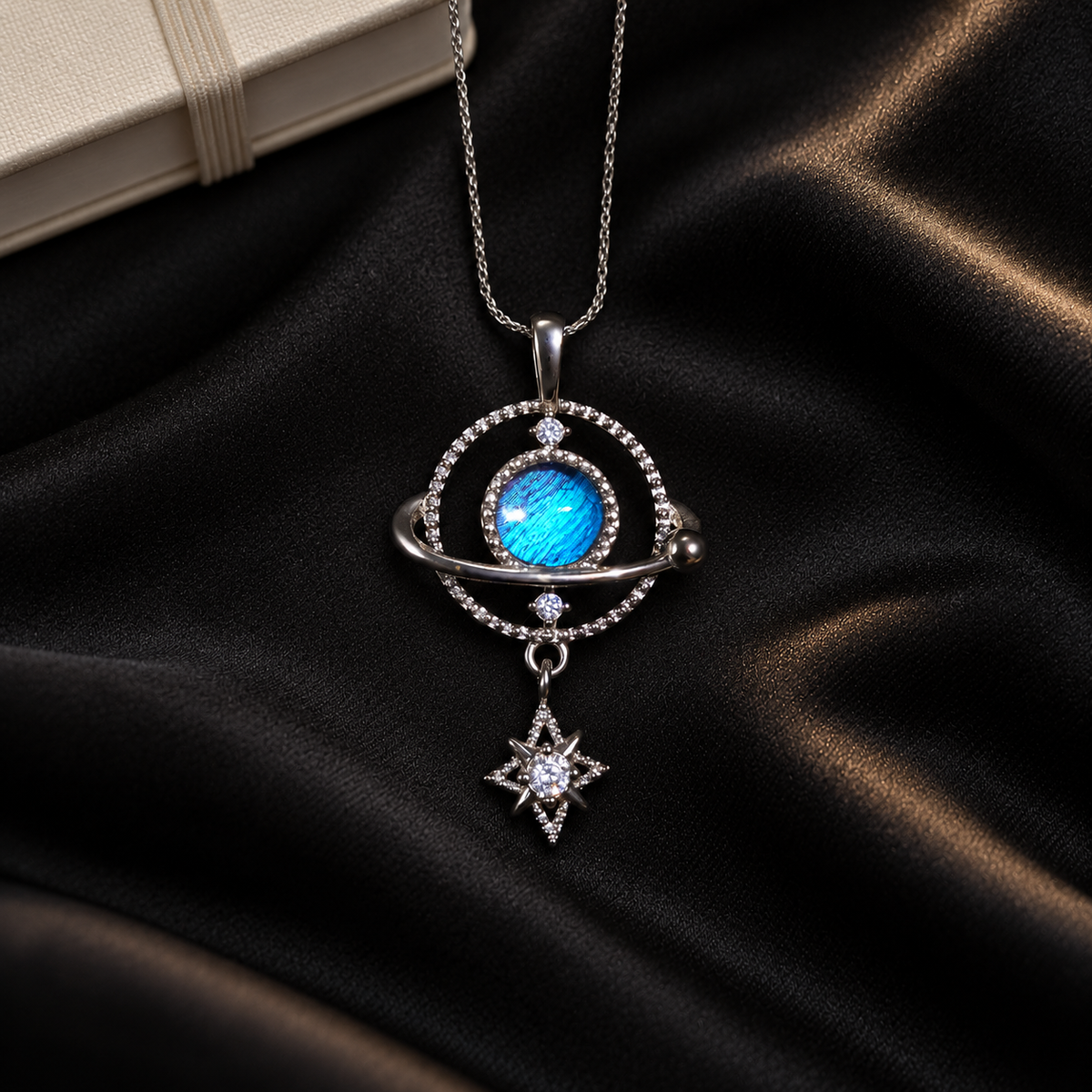Morpho butterfly wing star orbit necklace in 925 silver — styled display 3