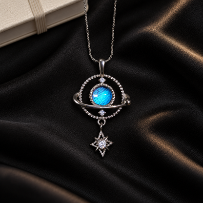 Morpho butterfly wing star orbit necklace in 925 silver — styled display 3