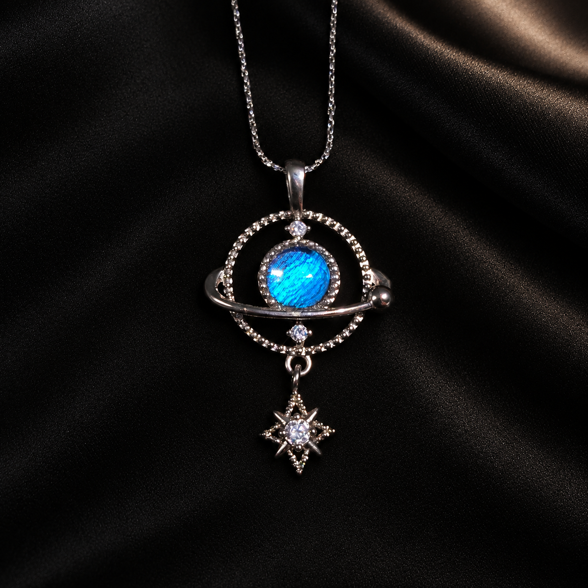 Morpho butterfly wing star orbit necklace in 925 silver — styled display 4