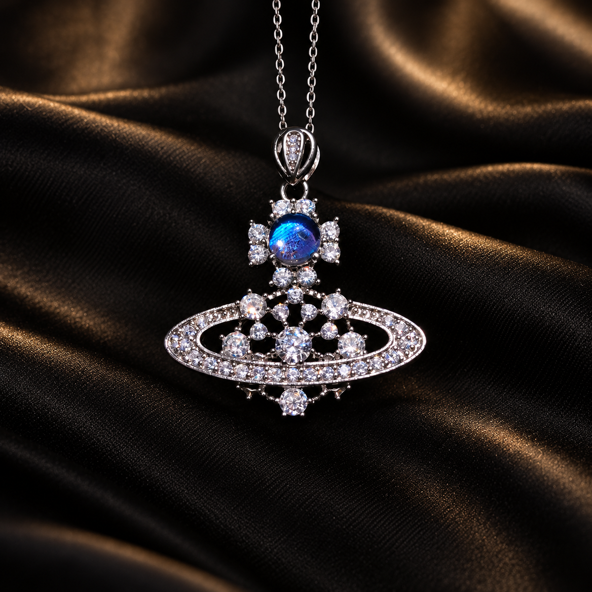 Blue Morpho Saturn necklace — front view