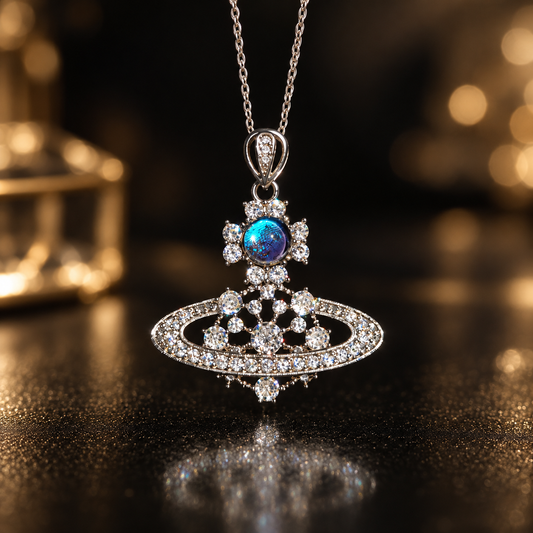 Blue Morpho Saturn necklace — front view