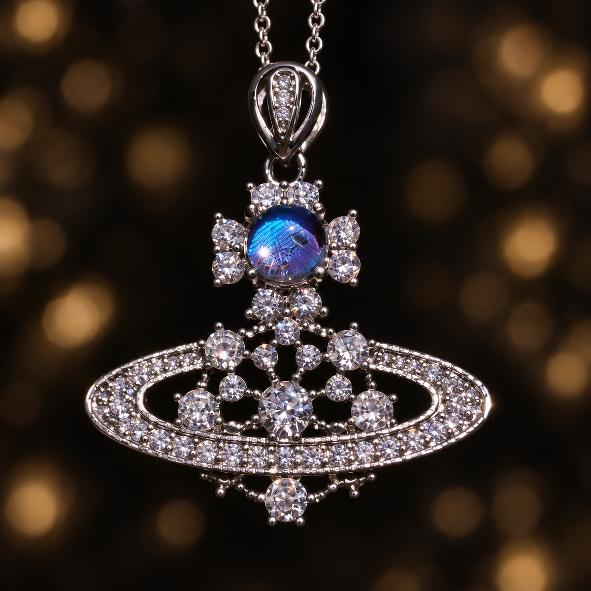 Blue Morpho Saturn necklace — setting detail