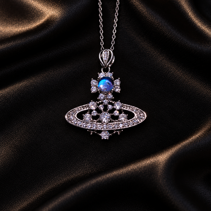 Blue Morpho Saturn necklace — styled display; props not included
