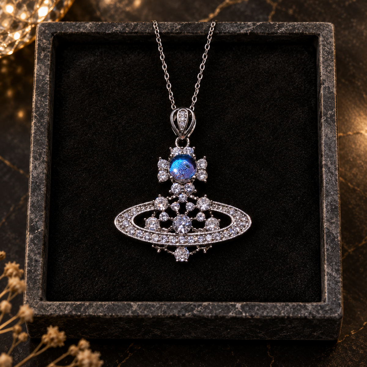 Blue Morpho Saturn necklace — styled display; props not included