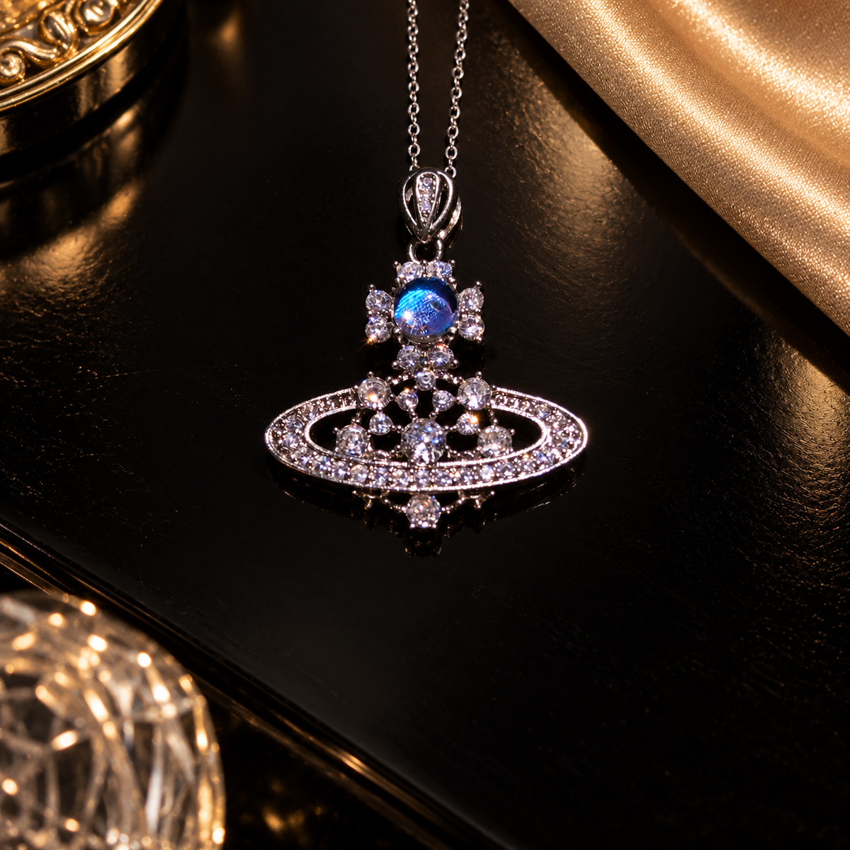 Blue Morpho Saturn necklace — styled display; props not included