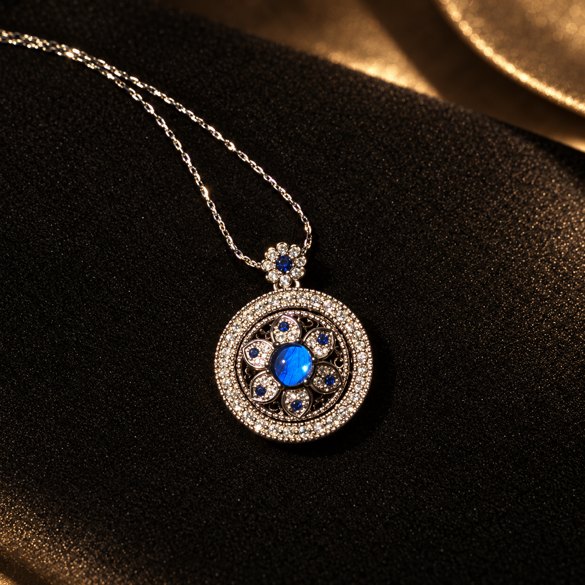 Blue Morpho compass necklace — front view