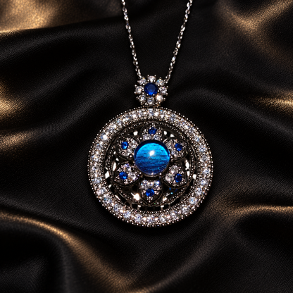 Blue Morpho compass necklace — styled display; props not included