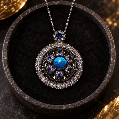 Blue Morpho compass necklace — styled display; props not included
