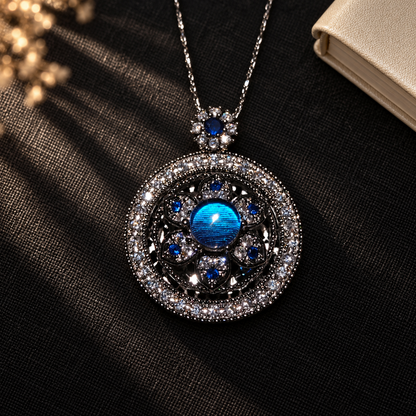 Blue Morpho compass necklace — styled display; props not included