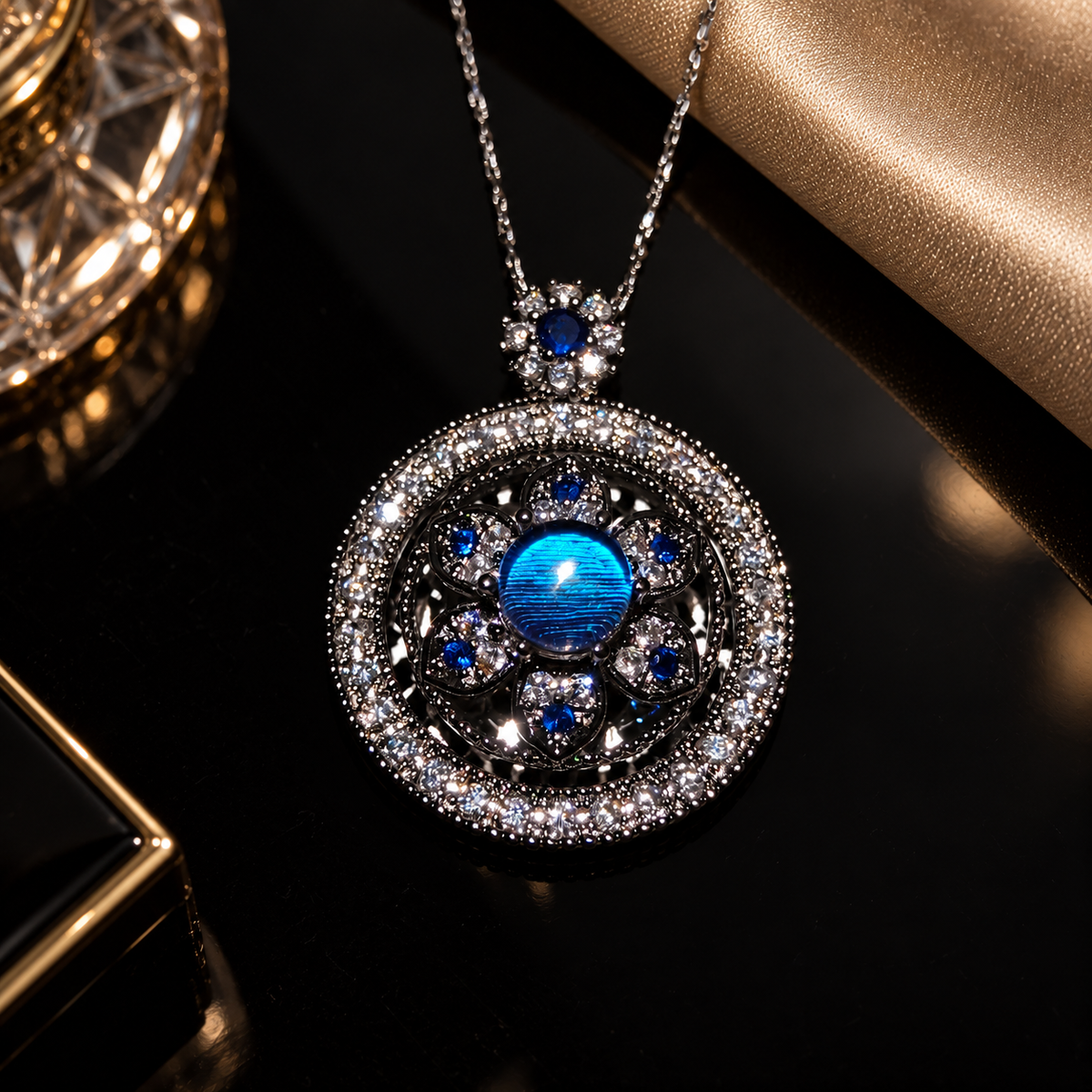 Blue Morpho compass necklace — styled display; props not included