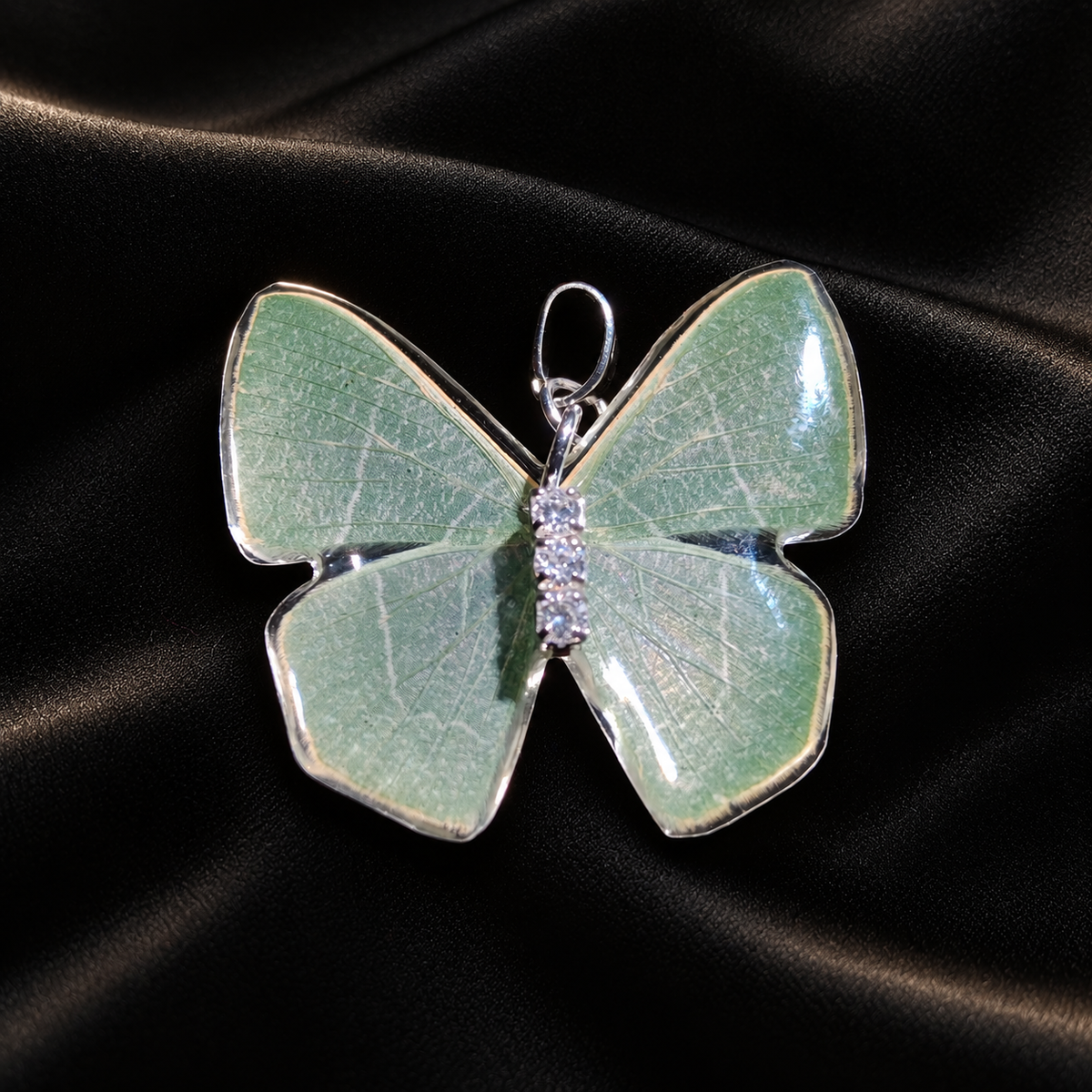 Real Green Moth Wing Necklace, Resin Pendant, Adjustable Sterling Silver Chain, Fairycore Gift — full product view on a dark studio background