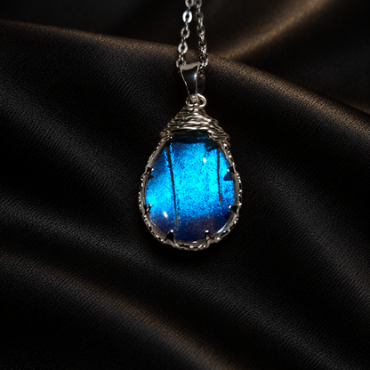 Real Morpho Butterfly Wing Teardrop Necklace, Sterling Silver Hypoallergenic Gift — full product view on a dark studio background