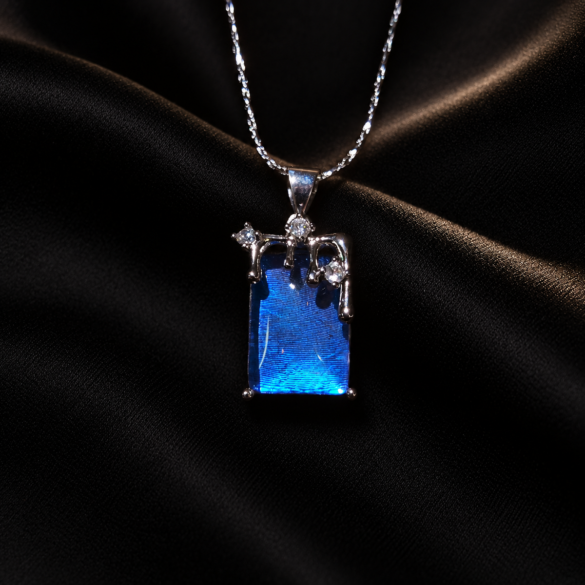 Real Blue Morpho Wing Necklace, Sterling Silver Art Nouveau Bridal Gift — full product view on a dark studio background