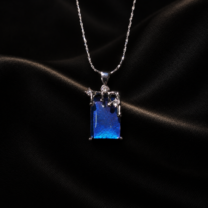 Real Blue Morpho Wing Necklace, Sterling Silver Art Nouveau Bridal Gift — detail view on a dark studio background