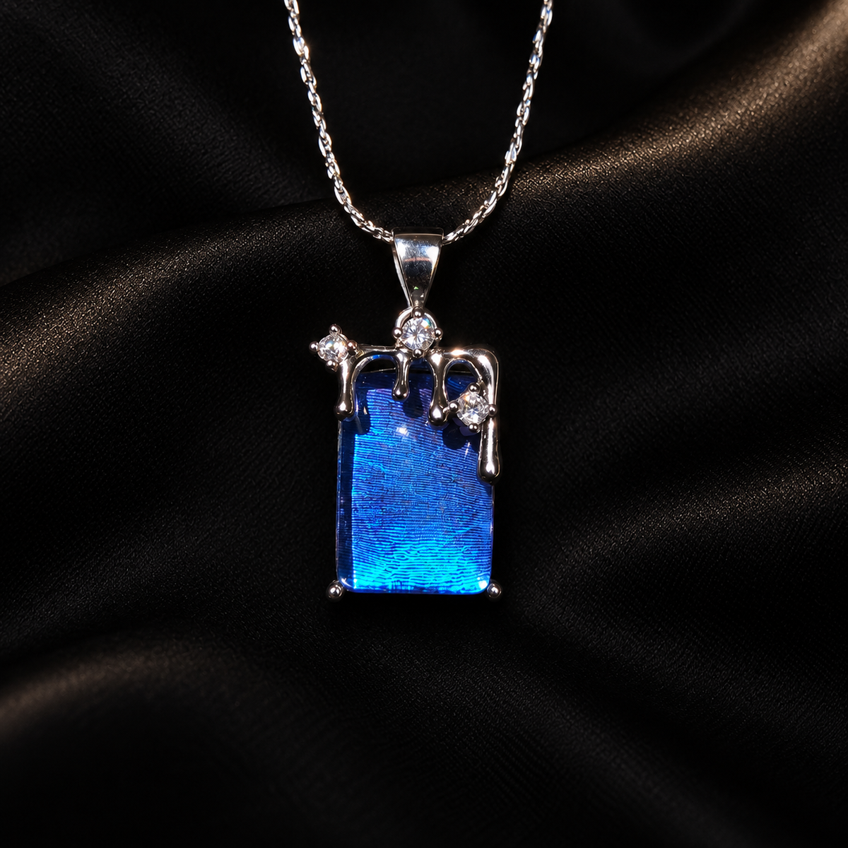 Real Blue Morpho Wing Necklace, Sterling Silver Art Nouveau Bridal Gift — detail view on a dark studio background