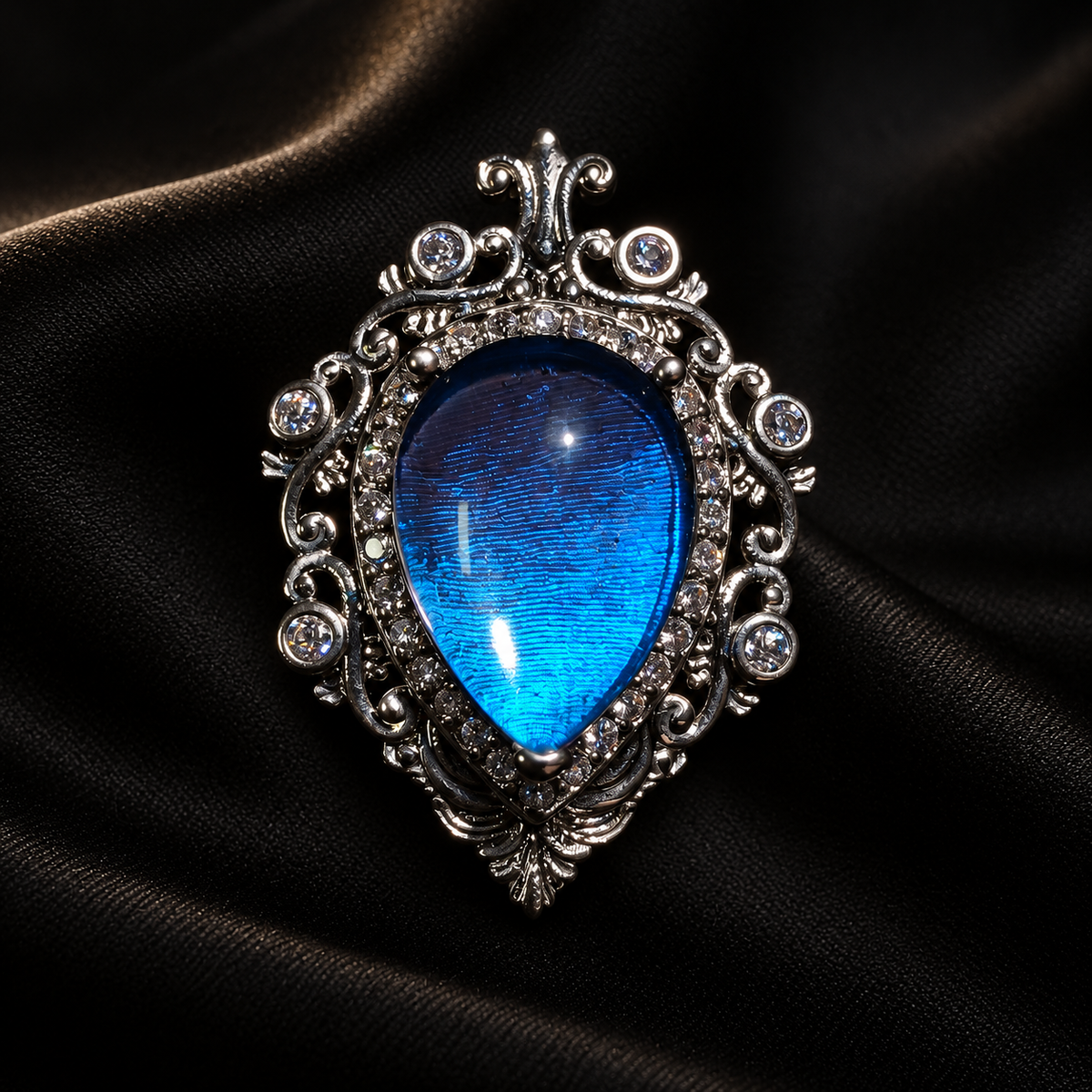 Iridescent Blue Morpho Butterfly Wing Necklace | Silver Shield Jewelry — full product view on a dark studio background