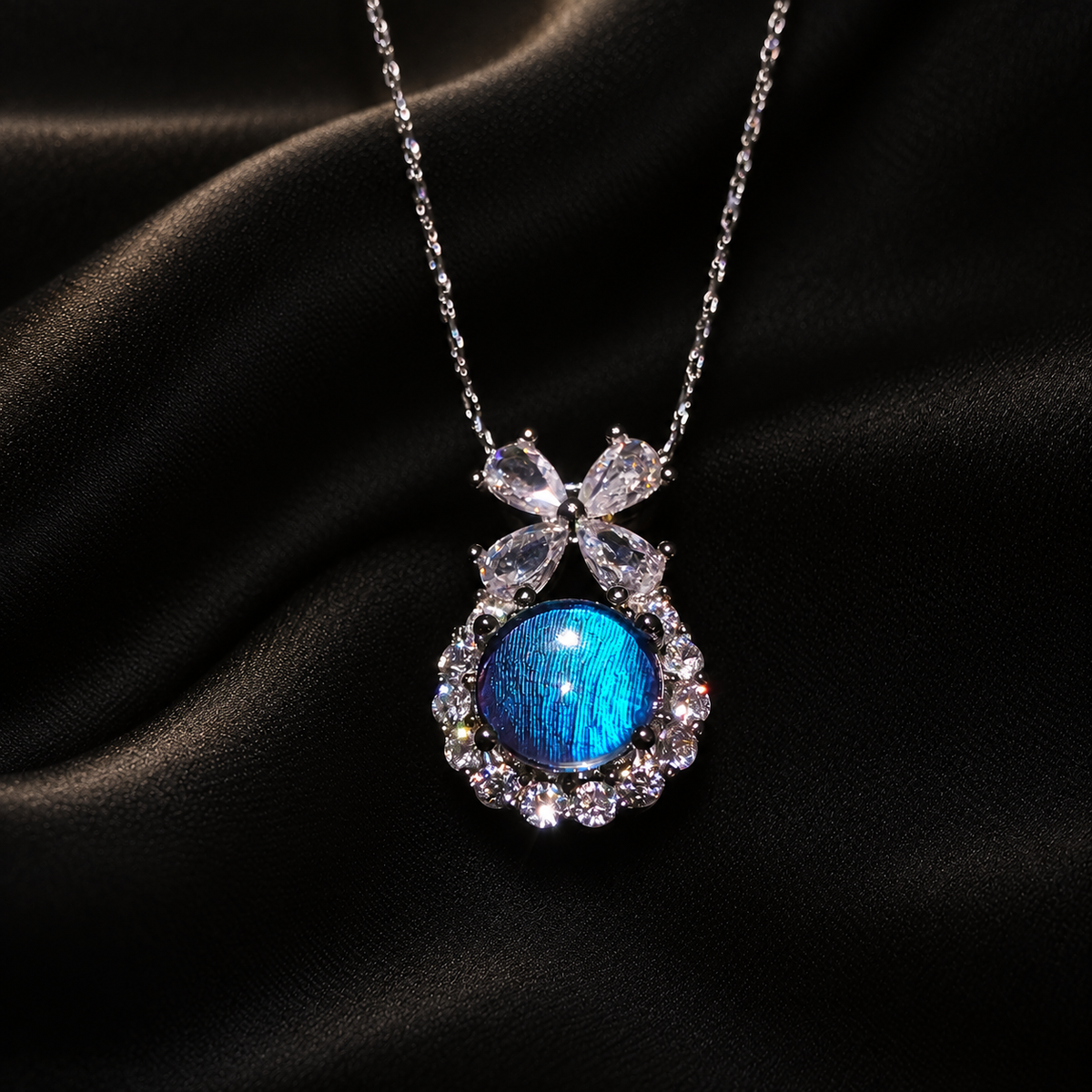 Blue Morpho butterfly wing bow necklace — original photographed alternate view