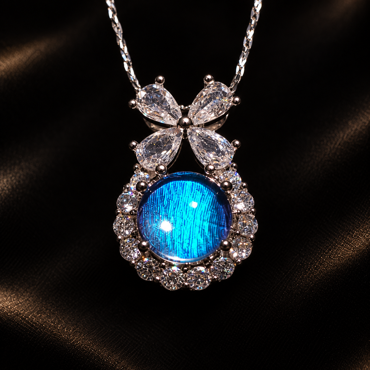 Blue Morpho butterfly wing bow necklace — wing and setting detail