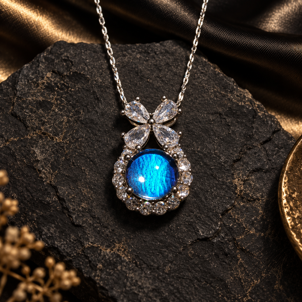 Blue Morpho butterfly wing bow necklace — dark stone styled setting; styling props not included