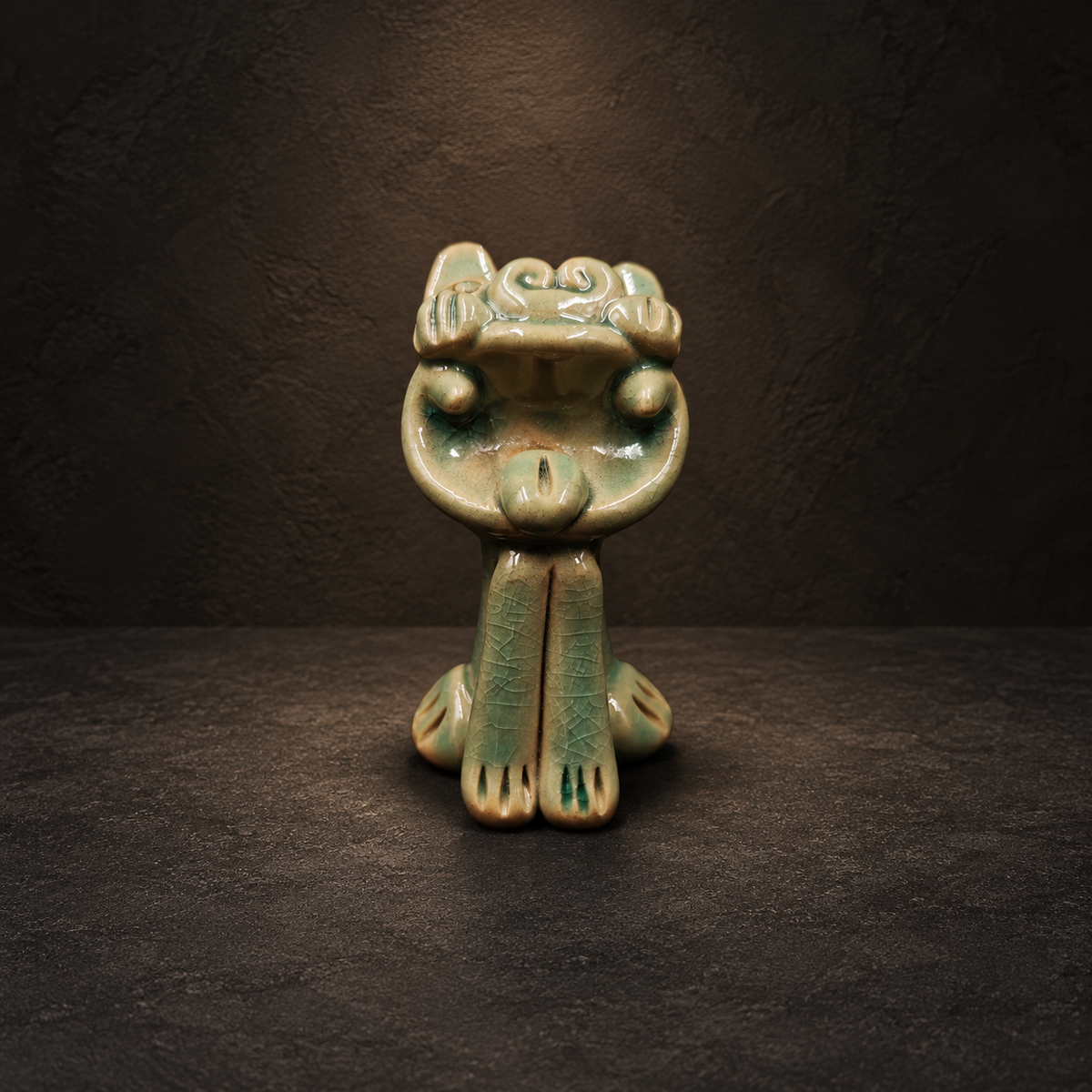 Green crackle-glaze Wamao guardian cat — Main front view