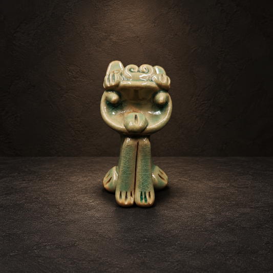 Green crackle-glaze Wamao guardian cat — Main front view