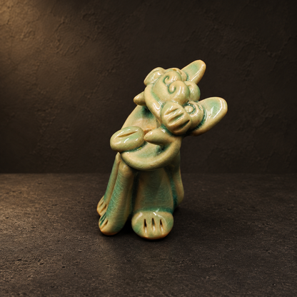Green crackle-glaze Wamao guardian cat — Three-quarter side view