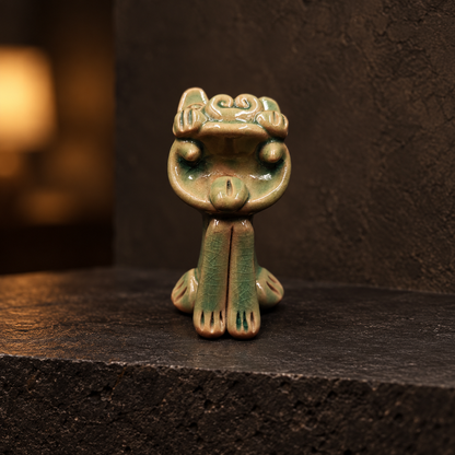 Green crackle-glaze Wamao guardian cat — Gallery shelf scene
