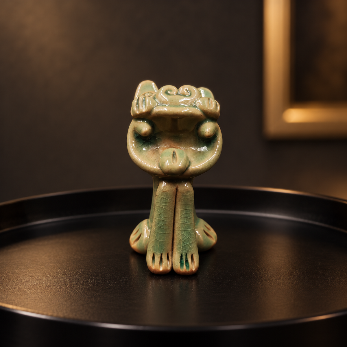 Green crackle-glaze Wamao guardian cat — Black lacquer tray scene