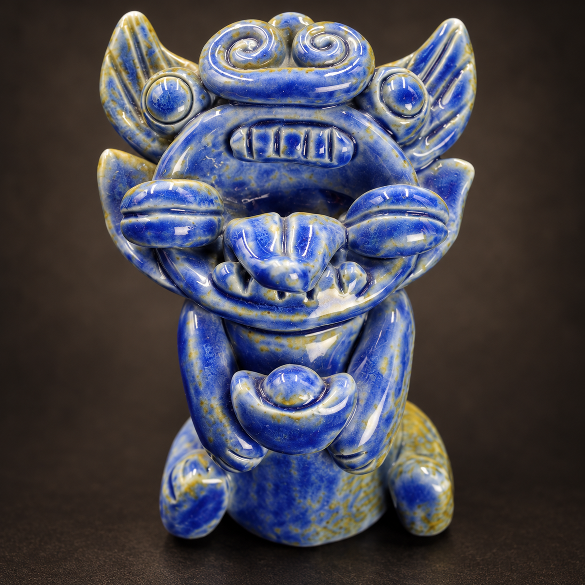 Blue-glazed ingot-holding Wamao guardian cat — Crackle-glaze face detail