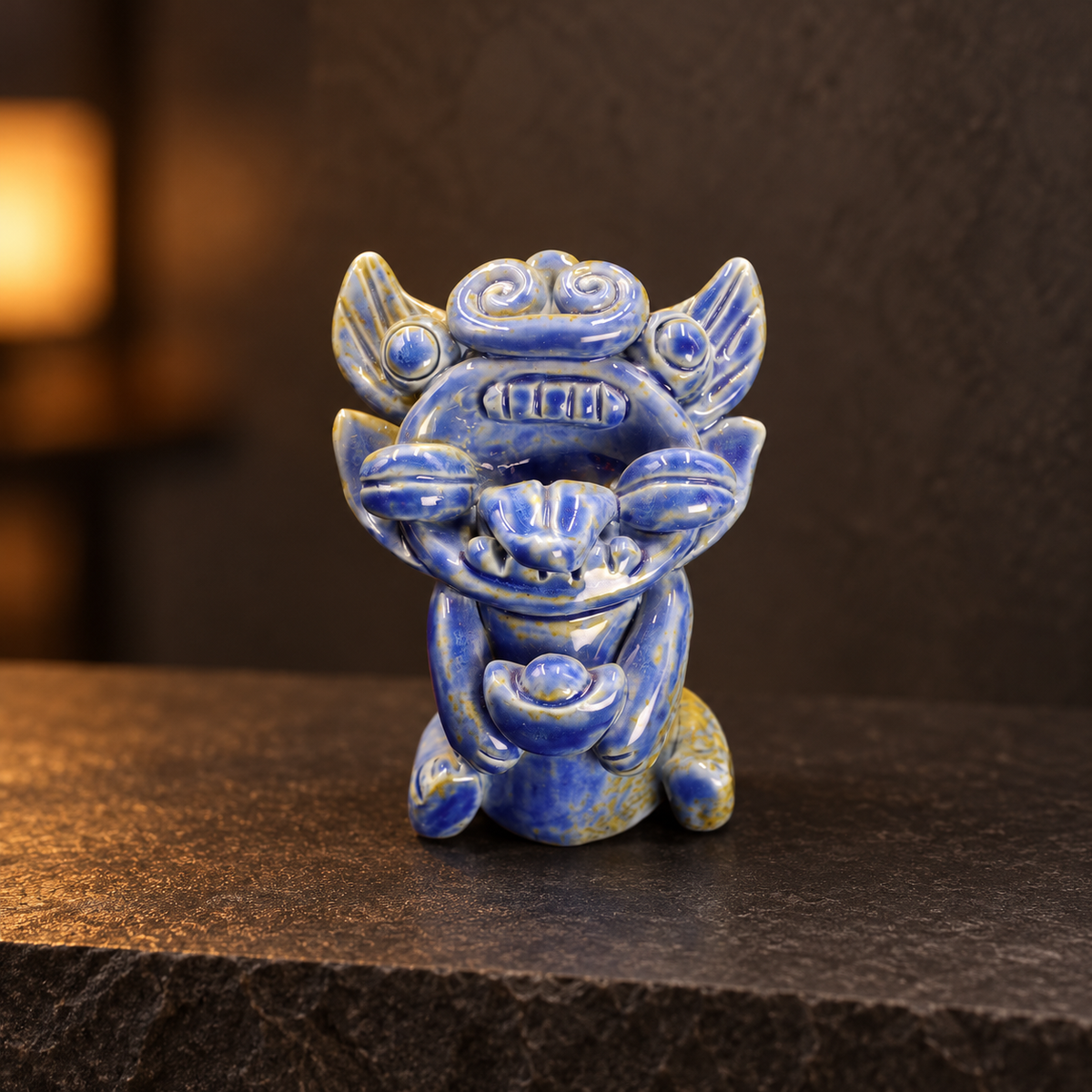 Blue-glazed ingot-holding Wamao guardian cat — Gallery shelf scene