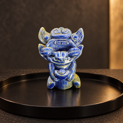 Blue-glazed ingot-holding Wamao guardian cat — Black lacquer tray scene