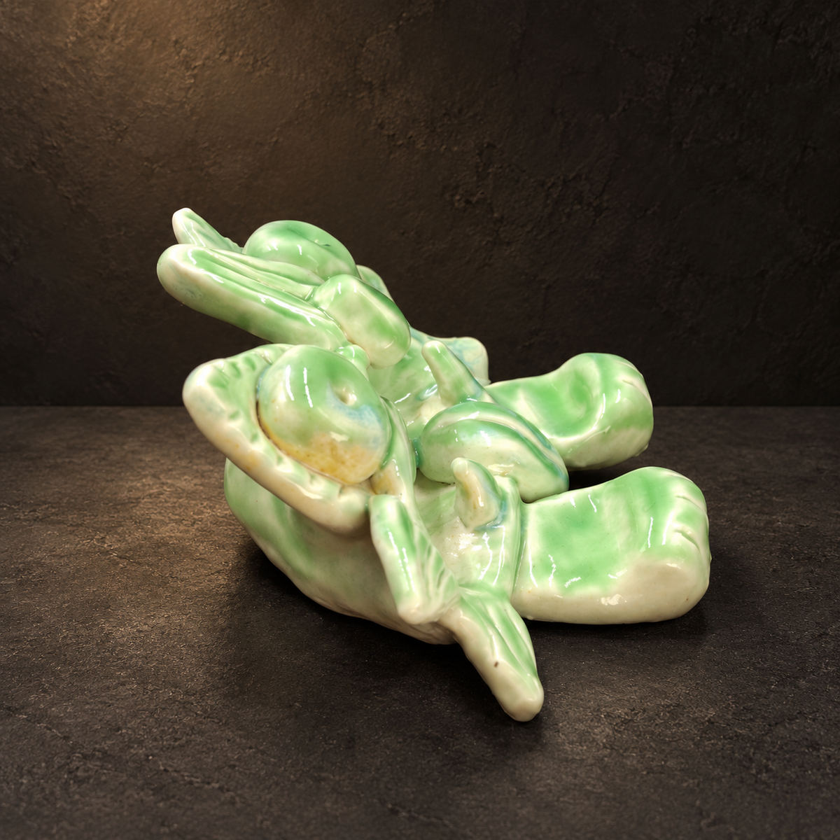 Wamao Ceramic Cat Sculpture, Green Glazed Yunnan Folk Art Decor