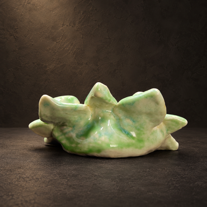 Wamao Ceramic Cat Sculpture, Green Glazed Yunnan Folk Art Decor — rear view on a dark studio background