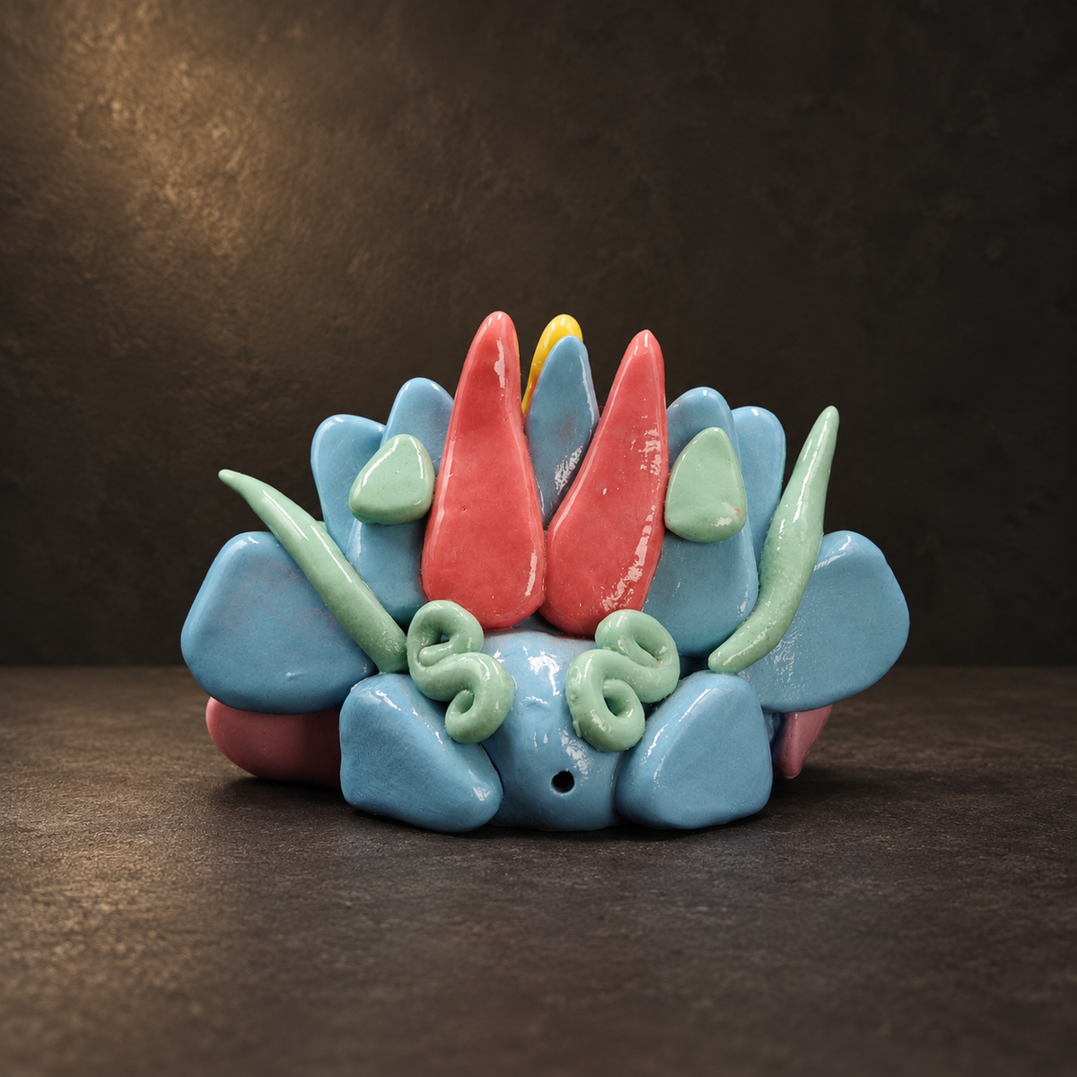 Ceramic Cat Figurine, Colorful Chinese Wamao Guardian Home Decor — rear view on a dark studio background