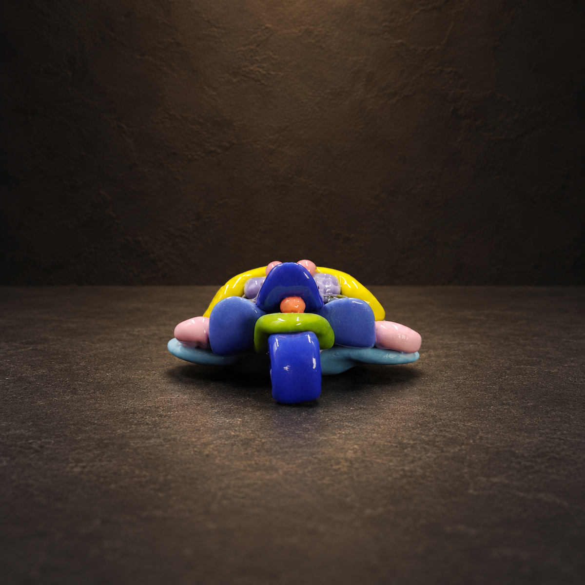 Hand-Glazed Wamao Guardian — Azure Lion Mask — rear view on a dark studio background