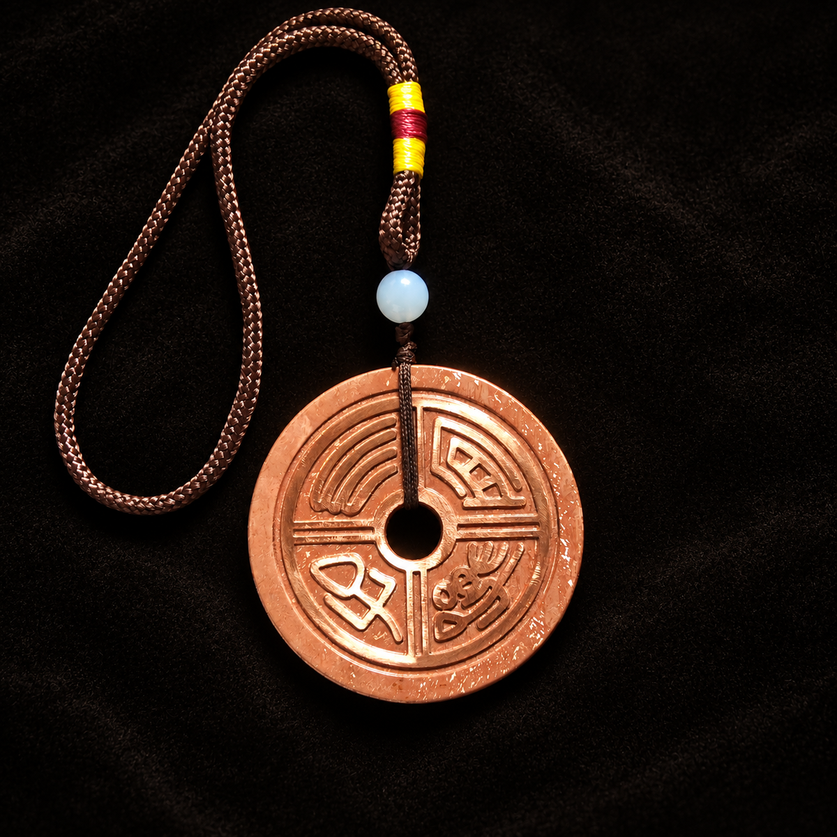 Chinese Bi Disc Ornament, Bantong Hanging Charm, Han-Inspired Home Decor — detail view on a dark studio background